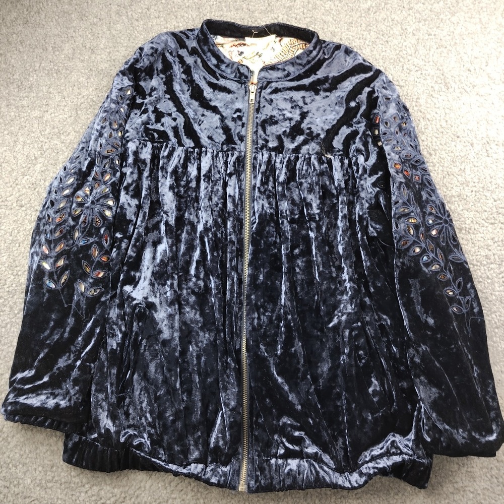 Entro Velvet Jacket Blue Full Zip Size Medium Women's Boho Hippie Beach Festival
